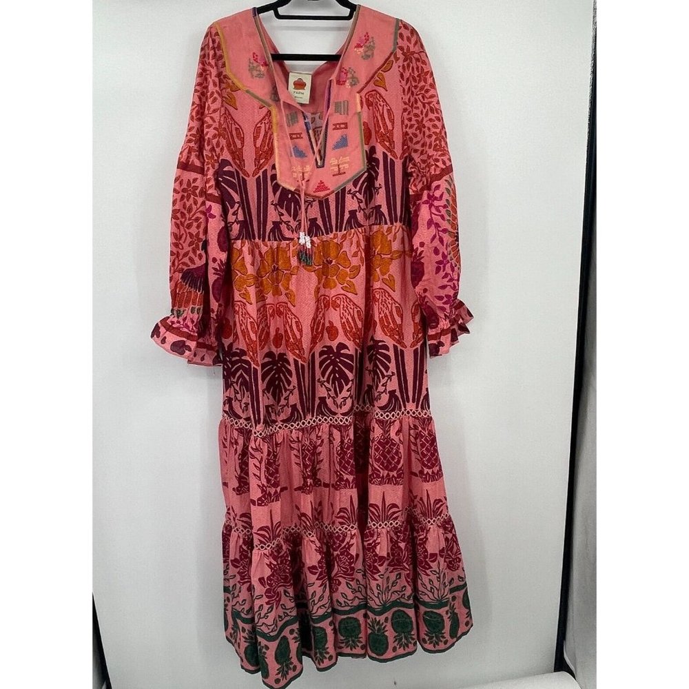 Farm Rio Womens Dress XL Ainika Print Macaws Maxi Dress Puff Sleeve Tassel Tie